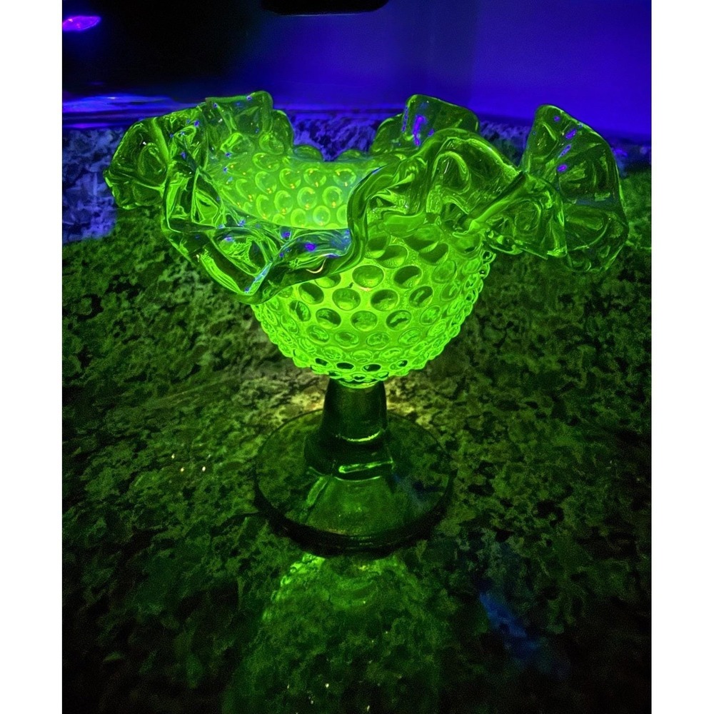 Vintage Uranium Glass Hobnail Pedestal Vase‎ UV Reactive Ruffled Green 5.5"